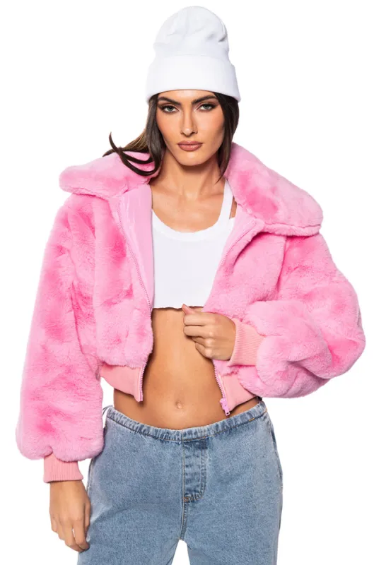 DREW FAUX FUR BOMBER WITH RIB TRIM made by AKIRA