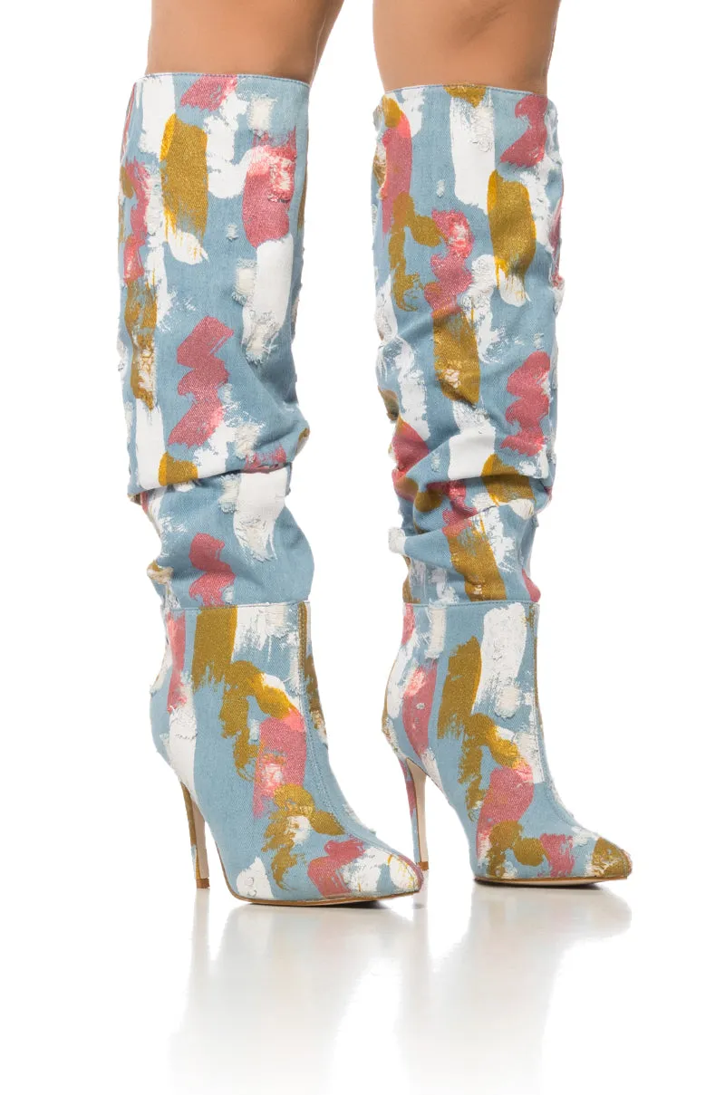 AZALEA WANG ROSEBAY MULTI PAINT STROKE DENIM BOOTIE sold by AKIRA