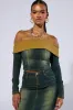 BEFORE YOU GO OFF THE SHOULDER DENIM TOP sold by AKIRA
