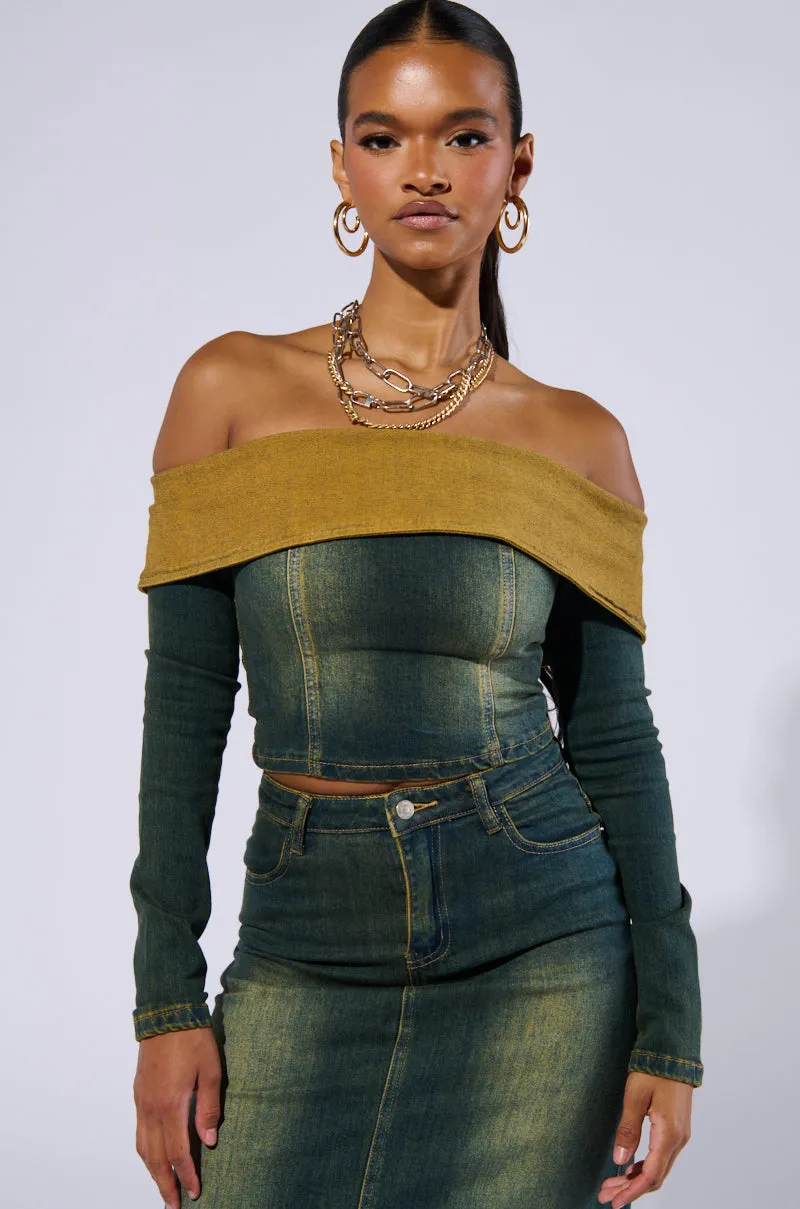 BEFORE YOU GO OFF THE SHOULDER DENIM TOP sold by AKIRA