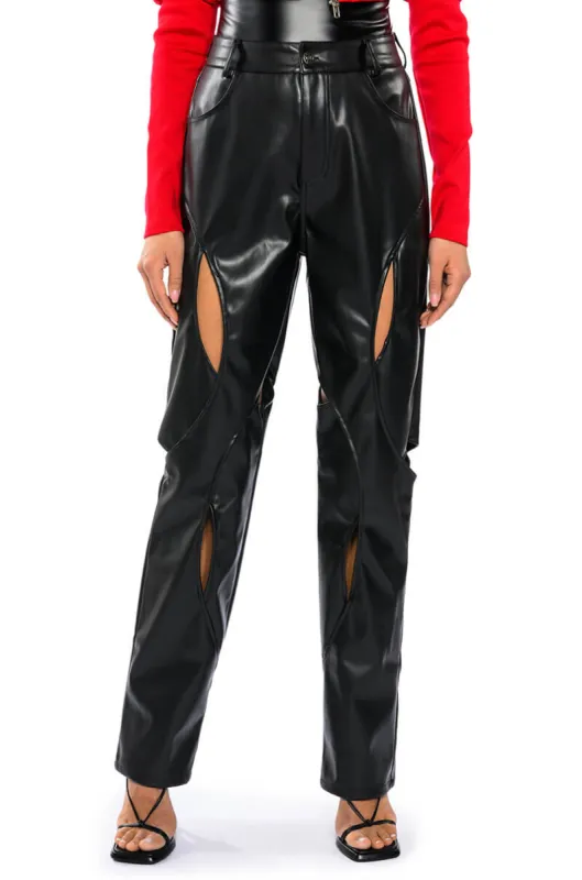 JUMP AROUND RELAXED CUTOUT FAUX LEATHER PANT sold by AKIRA
