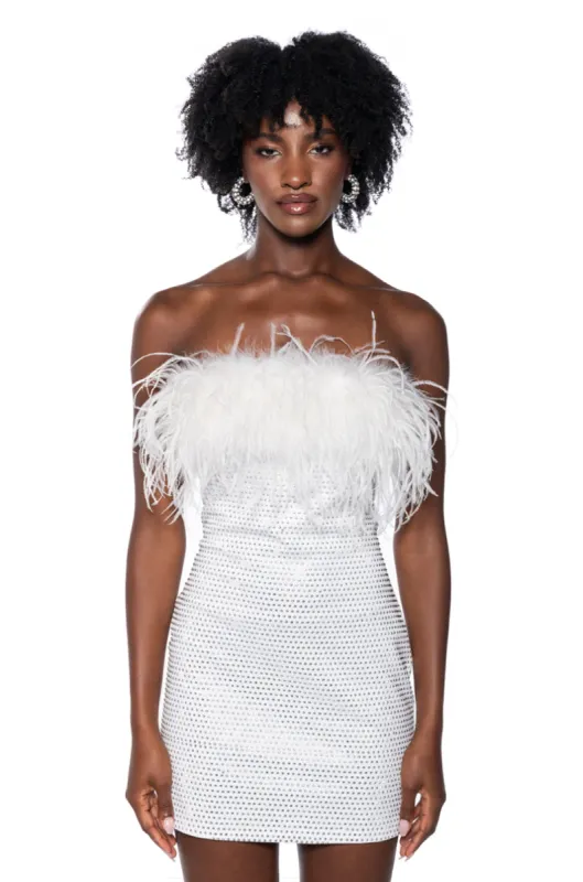 AMI FEATHER DETAILED STRAPLESS MINI DRESS sold by AKIRA