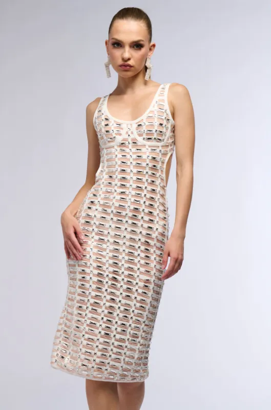 DIAMONDS ARE MY BEST FRIEND RHINESTONE MIDI DRESS sold by AKIRA