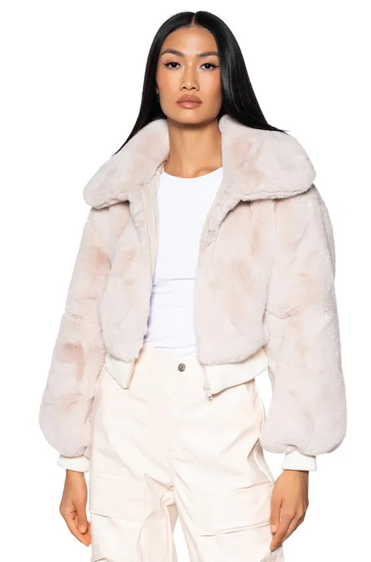 DREW FAUX FUR BOMBER WITH RIB TRIM made by AKIRA