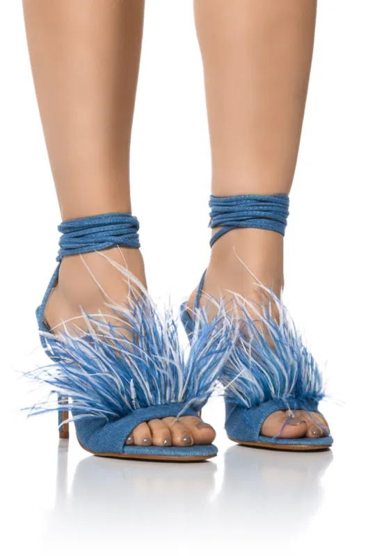 INDIANA MULTI FEATHER DETAIL SANDAL IN BLUE sold by AKIRA