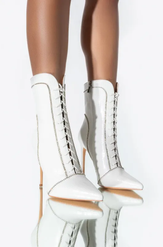 AZALEA WANG NIGHTS IN VEGAS STILETTO BOOTIE IN WHITE CROC sold by AKIRA