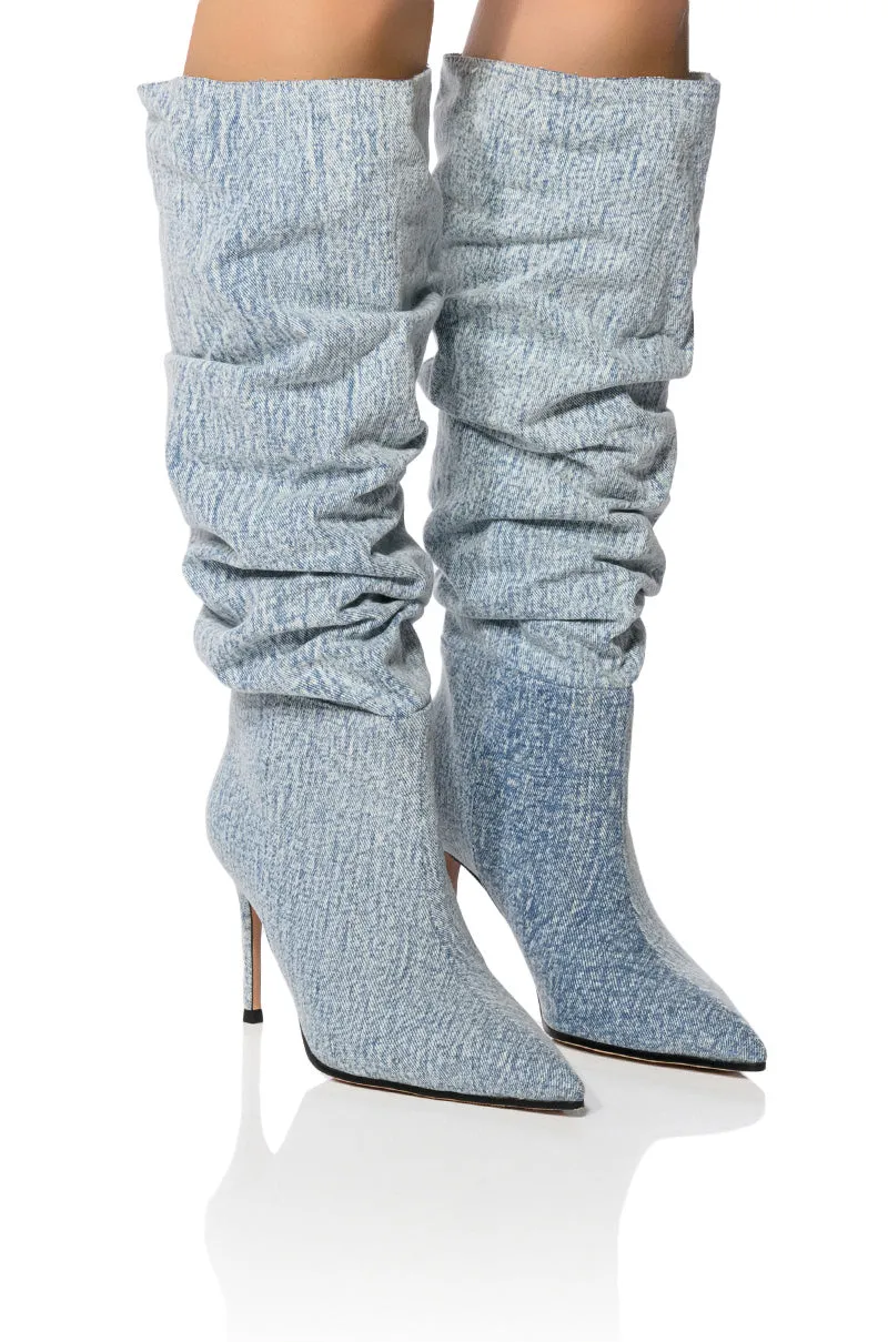 AZALEA WANG PENTAGON SLOUCH BOOT IN DENIM sold by AKIRA