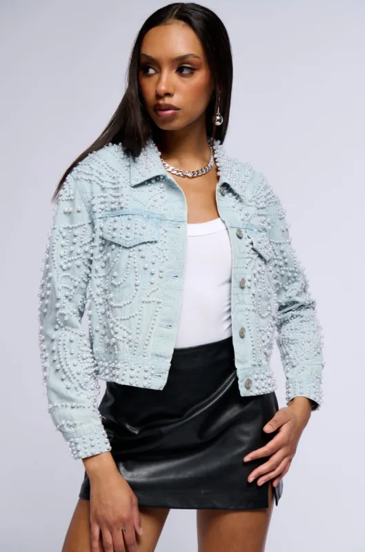 ALIX PEARL EMBELLISHED DENIM JACKET sold by AKIRA