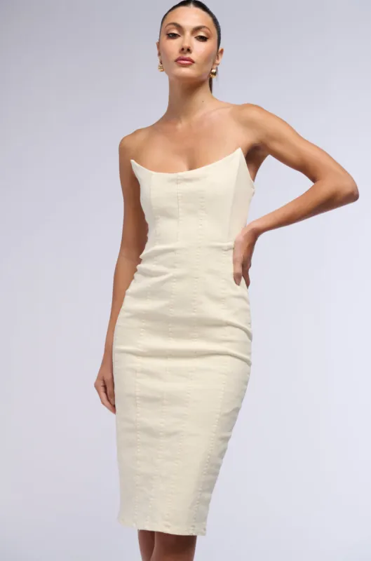 LIZA DENIM MIDI DRESS IN WHITE sold by AKIRA