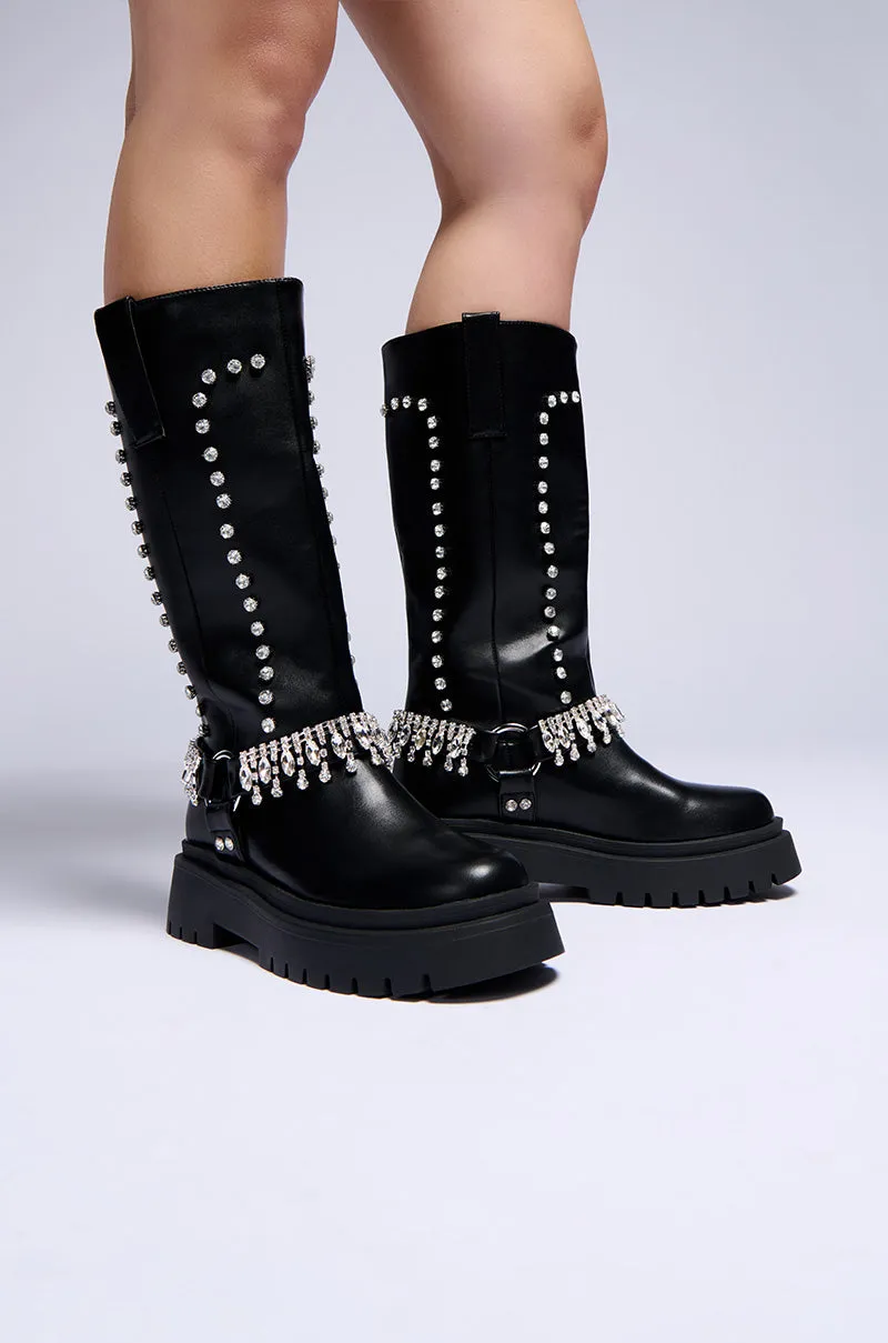 AZALEA WANG FILOMENA BLACK EMBELLISHED FLATFORM BOOT sold by AKIRA