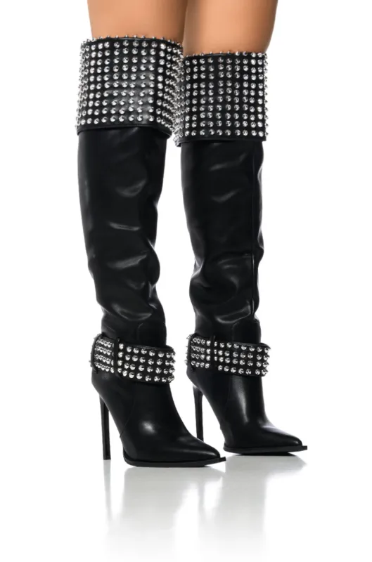 AZALEA WANG MARLENA SILVER STUDDED BLACK BOOT sold by AKIRA