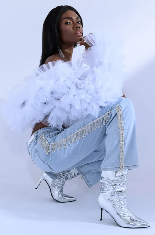 FEELING LIKE A STAR RHINESTONE WIDE LEG JEANS sold by AKIRA