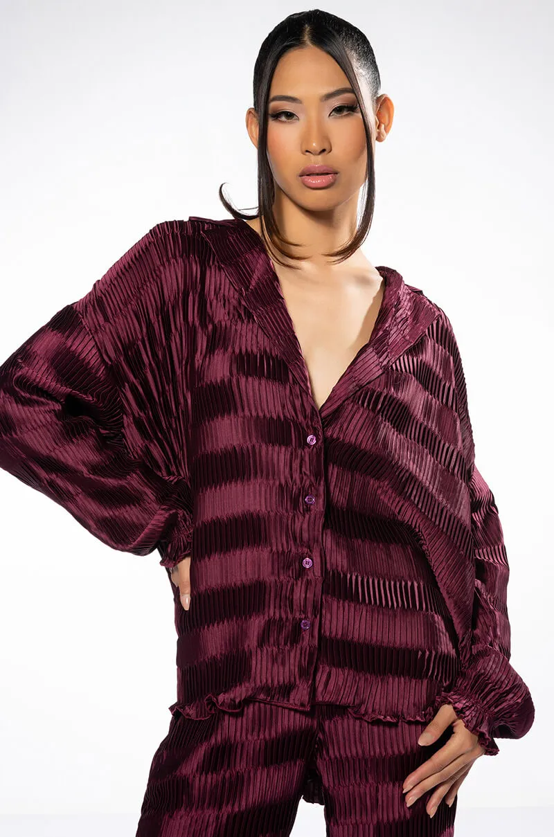 CRINKLE SATIN LONG SLEEVE BUTTON DOWN BLOUSE sold by AKIRA