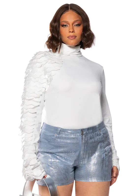 NADIA PLUS ORGANZA LONG SLEEVE SCALE TOP IN WHITE sold by AKIRA