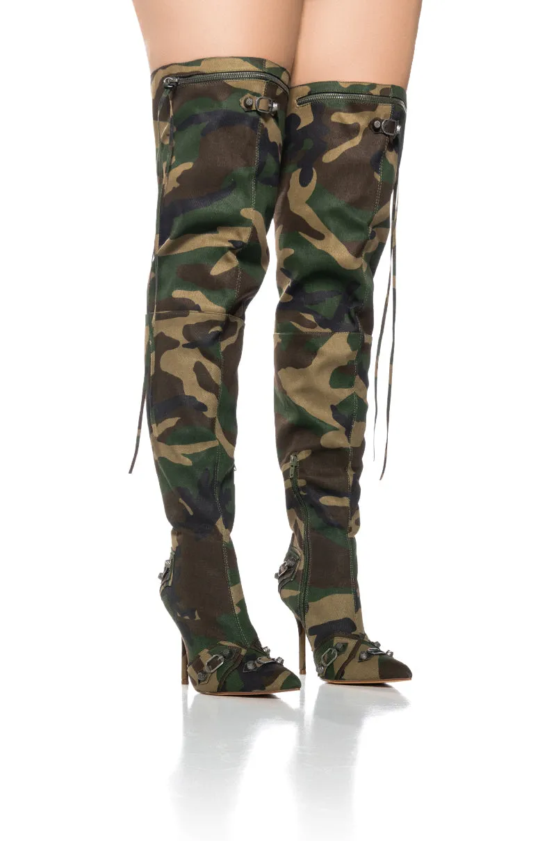 BEXIE CAMO THIGH HIGH STILETTO BOOT sold by AKIRA