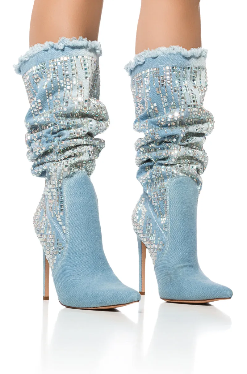 AZALEA WANG CARSYN DISTRESSED DENIM BOOT WITH GEM EMBELLISHMENT sold by AKIRA product image thumbnail 2