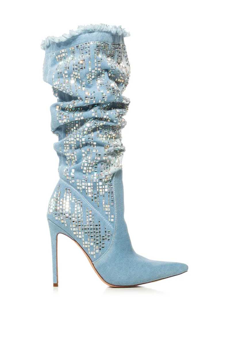 AZALEA WANG CARSYN DISTRESSED DENIM BOOT WITH GEM EMBELLISHMENT sold by AKIRA product image thumbnail 4