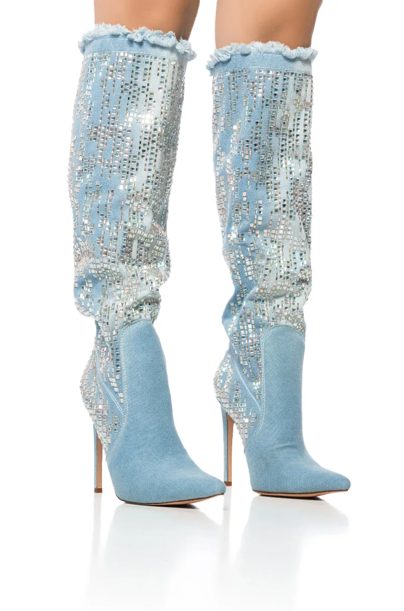 AZALEA WANG CARSYN DISTRESSED DENIM BOOT WITH GEM EMBELLISHMENT sold by AKIRA