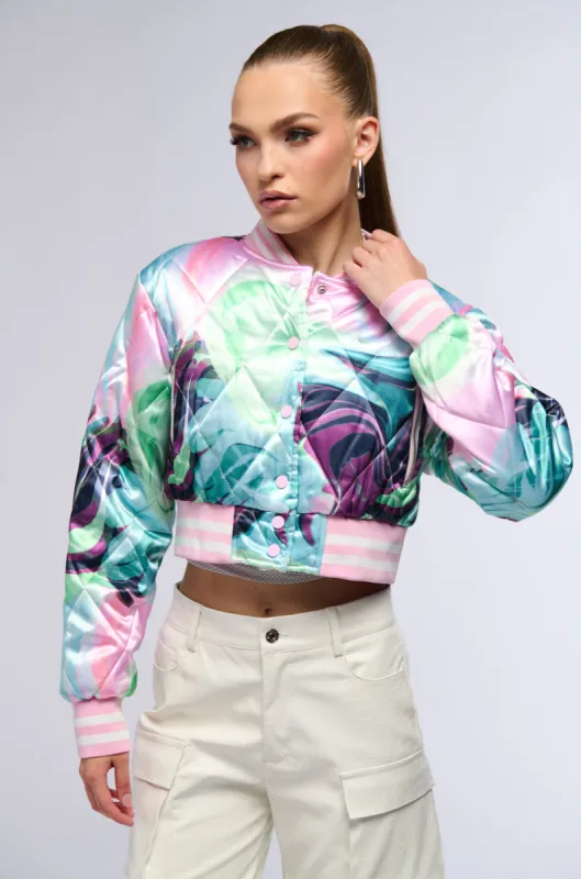 HEART TO HEART SATIN BOMBER sold by AKIRA