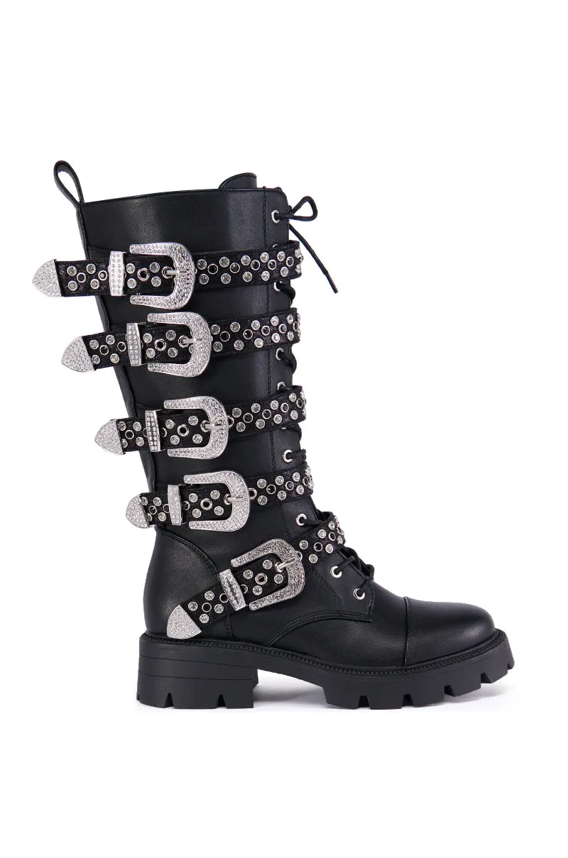 AZALEA WANG BALLADE BLACK EMBELLISHED RHINESTONE BUCKLE BOOT sold by AKIRA