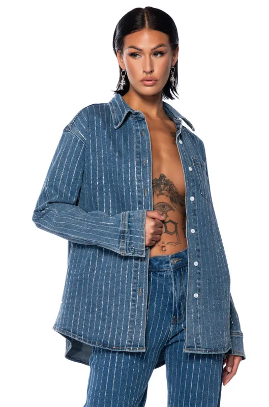 EFFORTLESS GLAM RHINESTONE STRIPE BUTTON DOWN SHIRT sold by AKIRA
