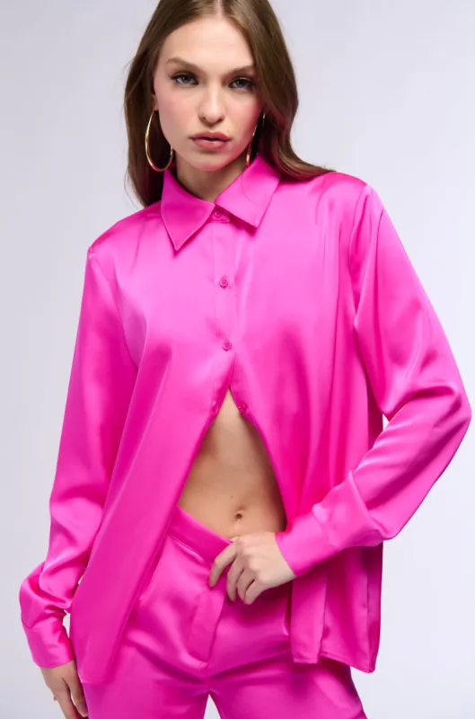OPEN TO WHATEVER LONG SLEEVE SATIN BUTTON DOWN IN PINK sold by AKIRA