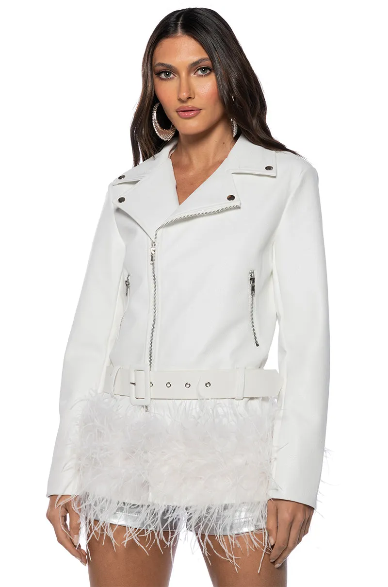 COZY CORNER OVERSIZED MOTO WITH FEATHER TRIM sold by AKIRA product image thumbnail 3