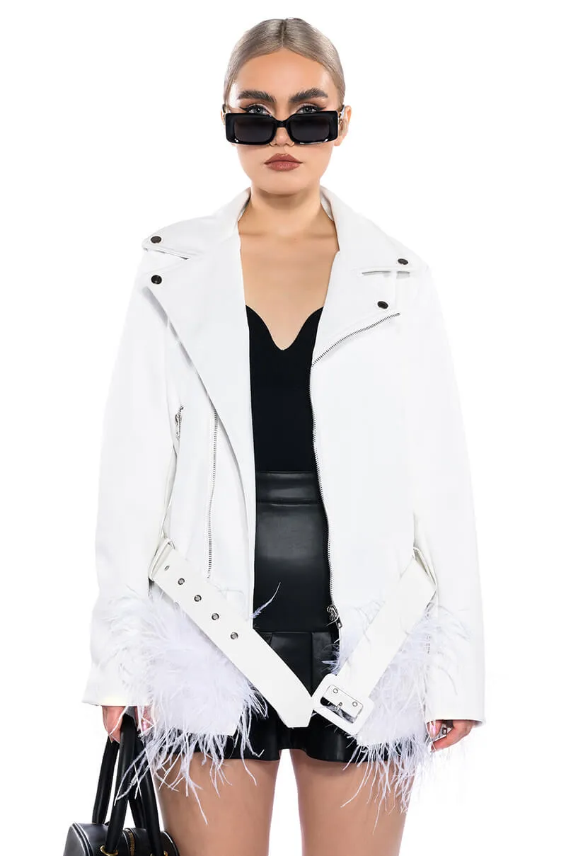 COZY CORNER OVERSIZED MOTO WITH FEATHER TRIM sold by AKIRA product image thumbnail 4