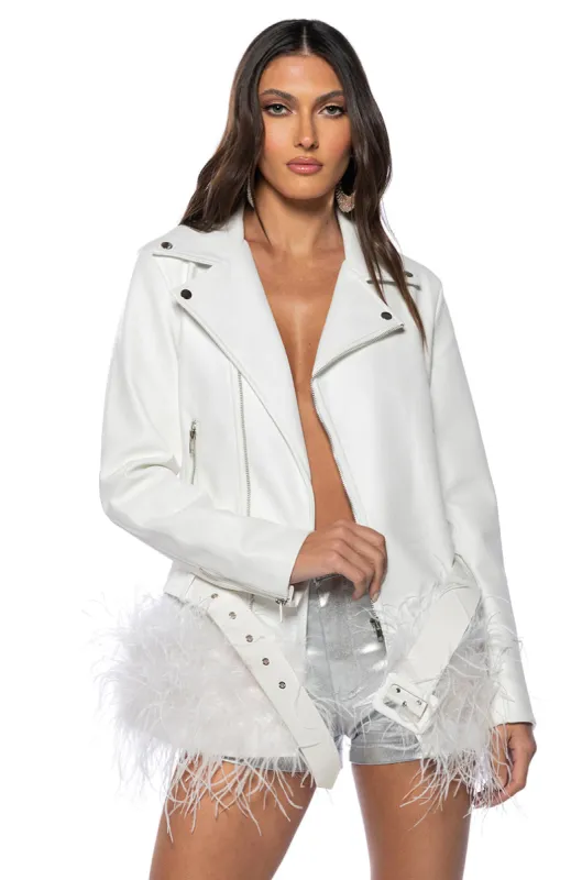 COZY CORNER OVERSIZED MOTO WITH FEATHER TRIM sold by AKIRA