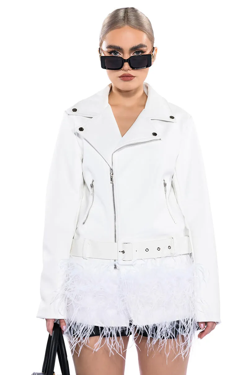 COZY CORNER OVERSIZED MOTO WITH FEATHER TRIM sold by AKIRA product image thumbnail 2