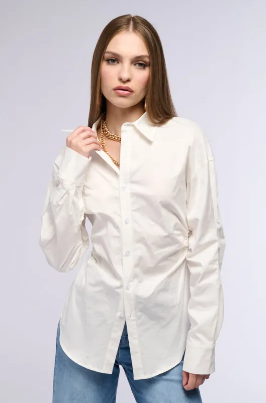 OLIVA CINCHED WAIST POPLIN BUTTON DOWN sold by AKIRA