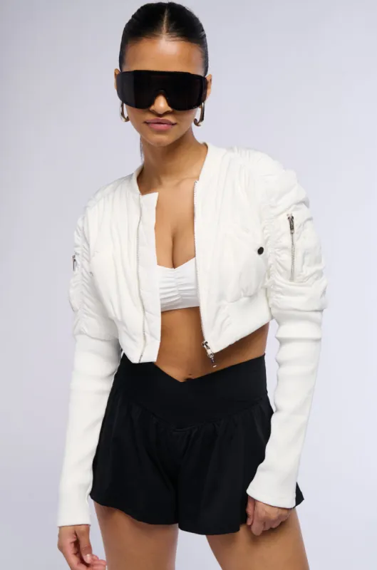 BABBS RIBBED SLEEVE BOMBER JACKET IN WHITE sold by AKIRA