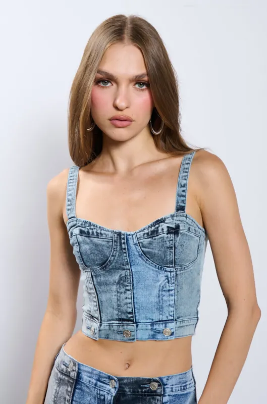TALK TO ME DENIM CORSET TOP sold by AKIRA