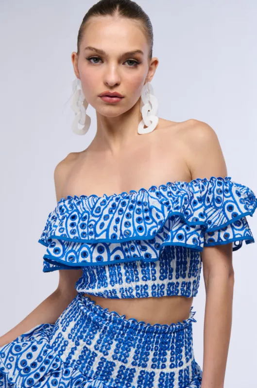 BLUE SUMMER LOVING OFF THE SHOULDER RUFFLE CROP BLOUSE sold by AKIRA