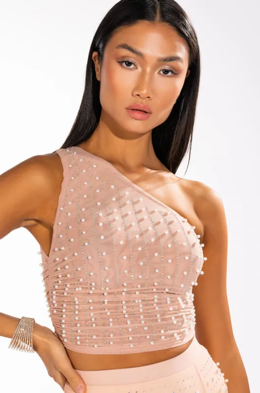 DIONNE EMBELLISHED ONE SHOULDER MESH CROP TOP sold by AKIRA
