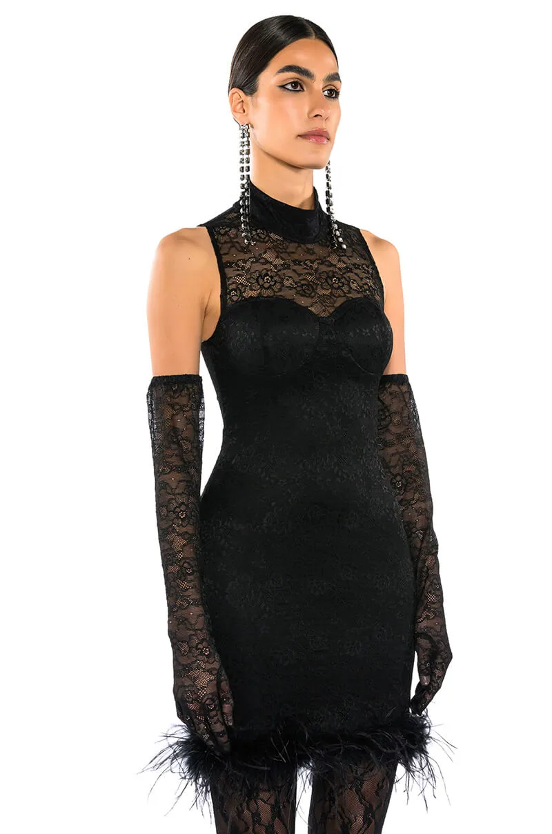 HOLLY STRETCH LACE FEATHER TRIM MINI DRESS WITH GLOVES sold by AKIRA product image thumbnail 3