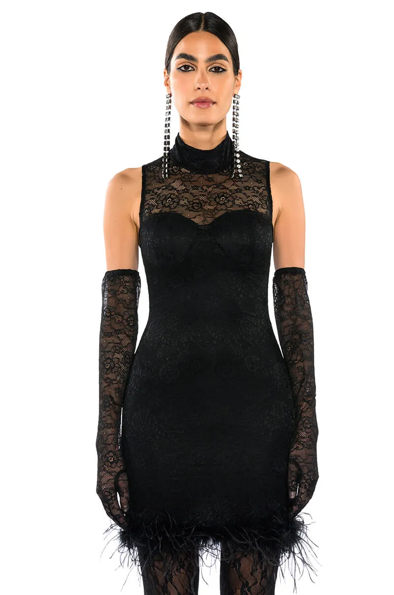 HOLLY STRETCH LACE FEATHER TRIM MINI DRESS WITH GLOVES sold by AKIRA