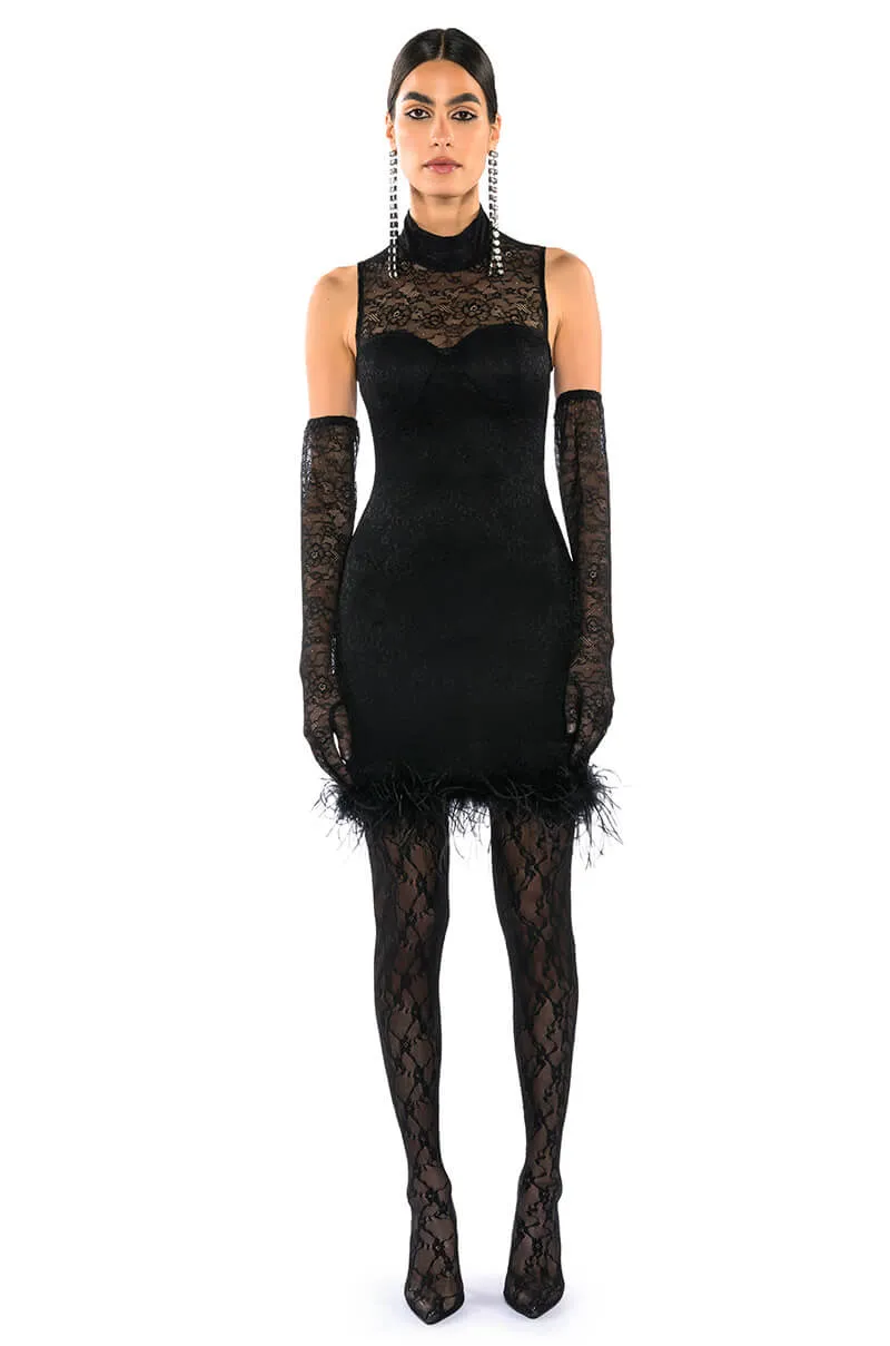 HOLLY STRETCH LACE FEATHER TRIM MINI DRESS WITH GLOVES sold by AKIRA product image thumbnail 5