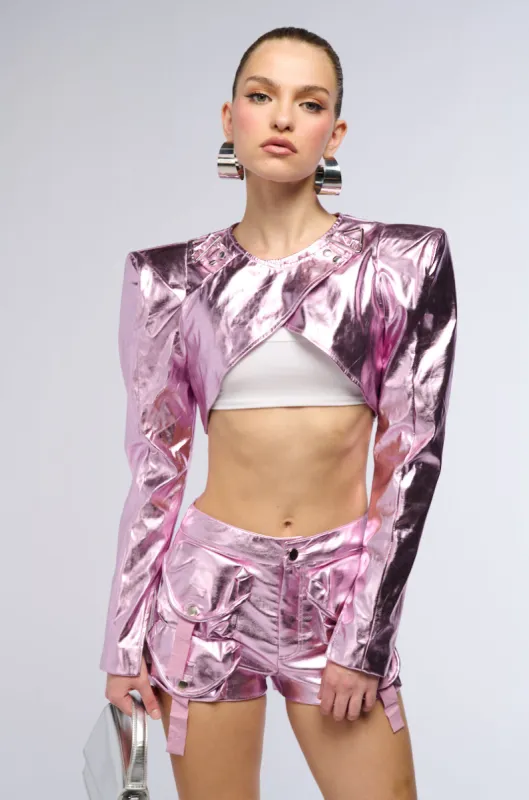 GALACTICA FESTIVAL METALLIC FAUX LEATHER BOLERO sold by AKIRA