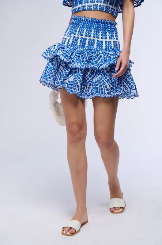 SUMMER LOVING TIERED RUFFLE MINI SKIRT IN BLUE sold by AKIRA