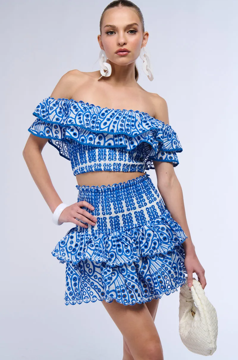SUMMER LOVING TIERED RUFFLE MINI SKIRT IN BLUE sold by AKIRA product image thumbnail 5