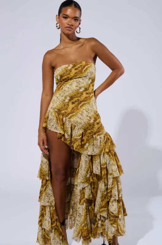 TATTIANA SNAKE PRINT RUFFLED MAXI DRESS sold by AKIRA