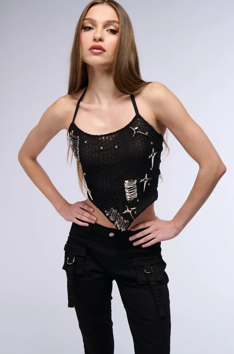 CHROME DRIP HALTER NECK EMBELLISHED MESH TANK sold by AKIRA product image thumbnail 2