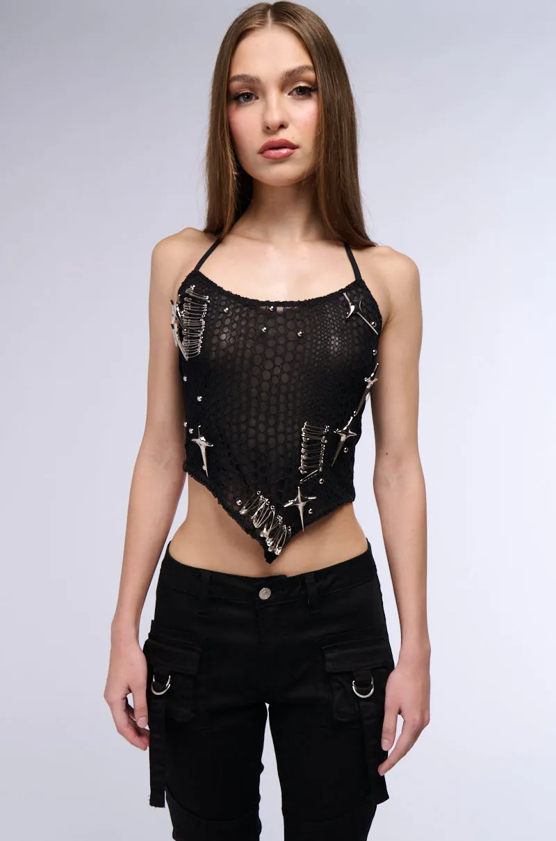CHROME DRIP HALTER NECK EMBELLISHED MESH TANK sold by AKIRA product image thumbnail 3