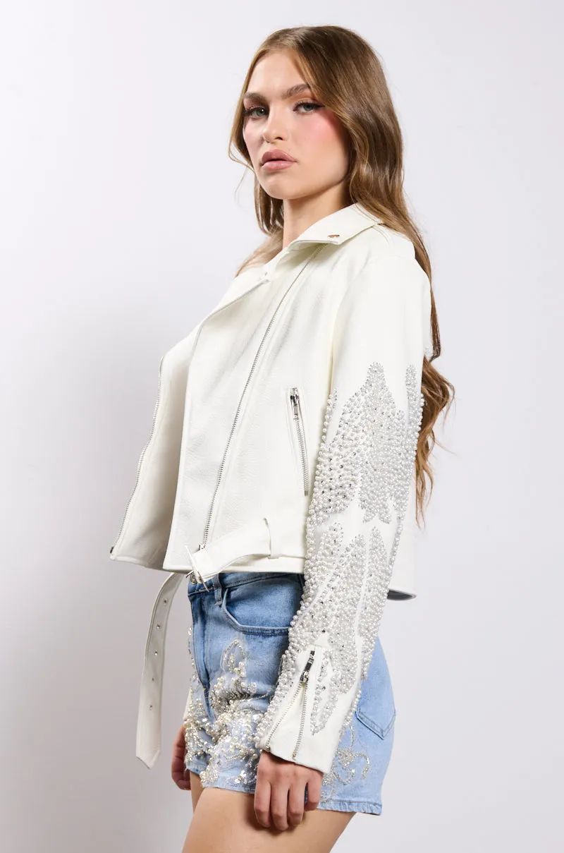 PEARL AND RHINESTONE SLEEVE FAUX LEATHER MOTO JACKET sold by AKIRA product image thumbnail 4