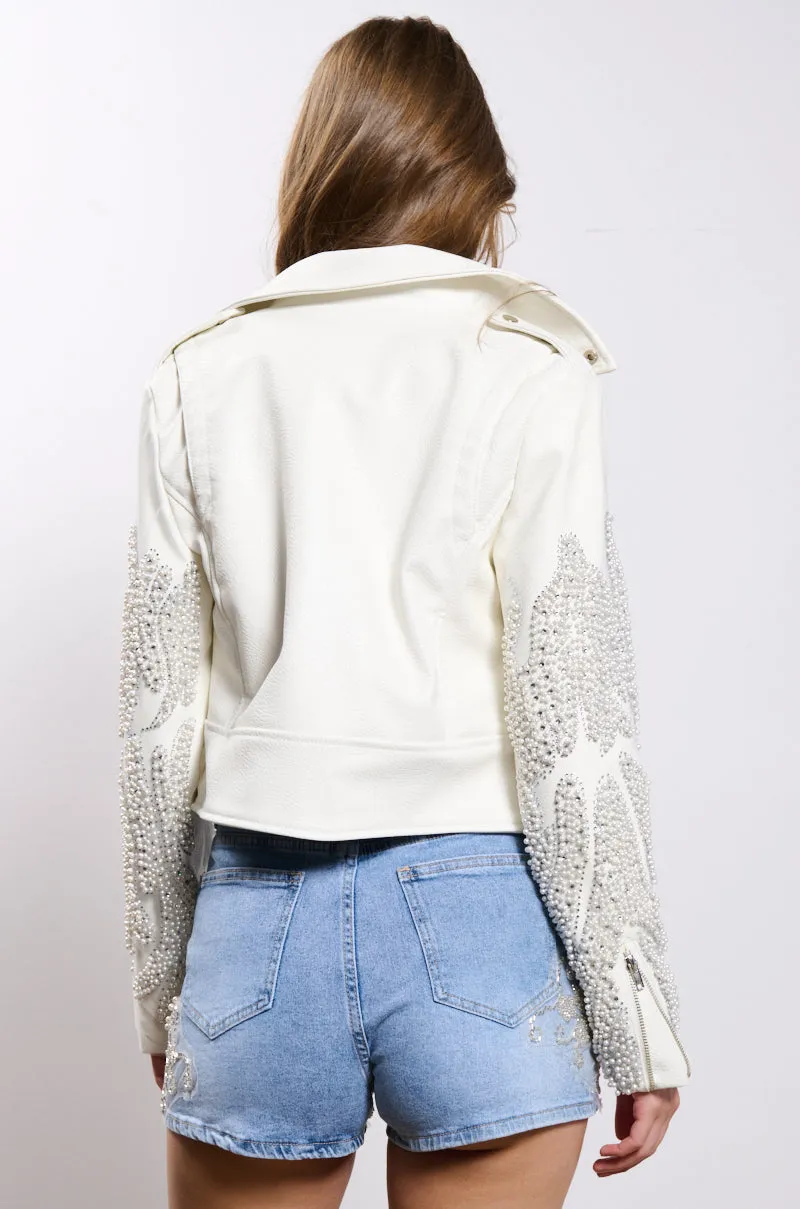 PEARL AND RHINESTONE SLEEVE FAUX LEATHER MOTO JACKET sold by AKIRA product image thumbnail 5