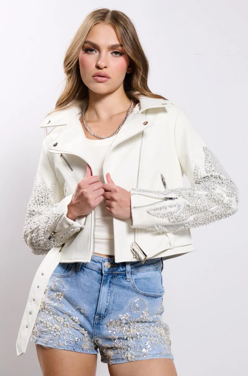 PEARL AND RHINESTONE SLEEVE FAUX LEATHER MOTO JACKET sold by AKIRA product image thumbnail 3