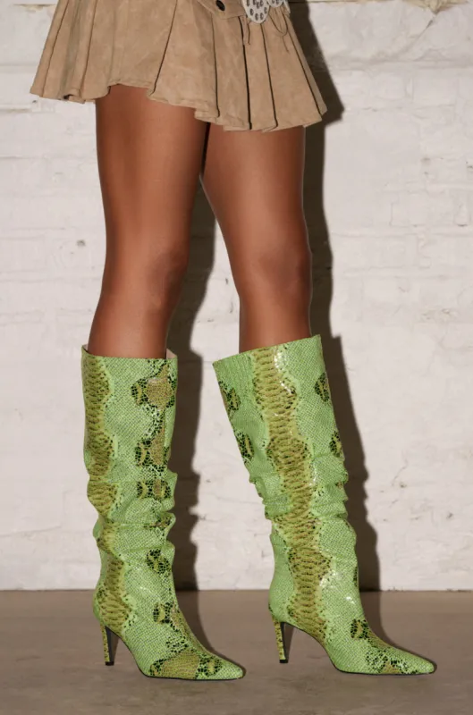 AZALEA WANG FERNIE GREEN SNAKE BOOT sold by AKIRA
