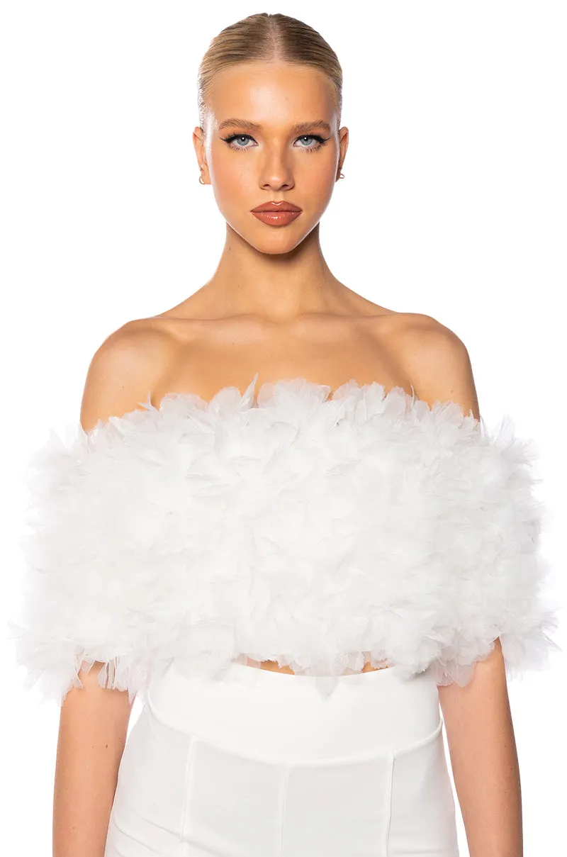 MAKING THE CUT 3D FLORAL CROP TOP IN WHITE sold by AKIRA