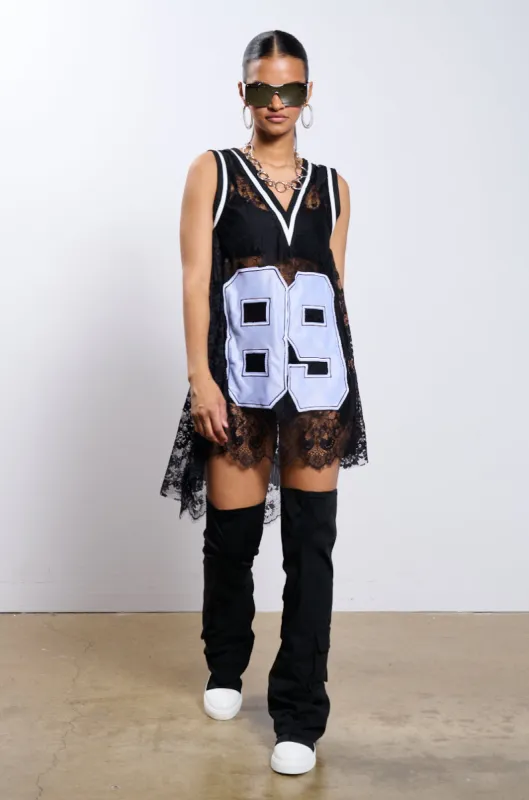 ON THE SIDELINES LACE JERSEY MINI DRESS sold by AKIRA